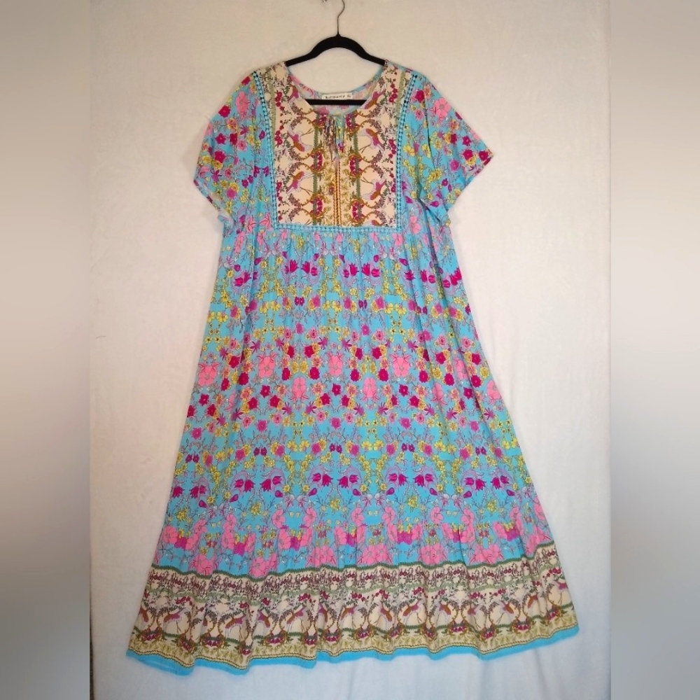 Floral Multicolor Blues & Cream Cap Sleeves Boho Cottage Maxi Dress Sz XL